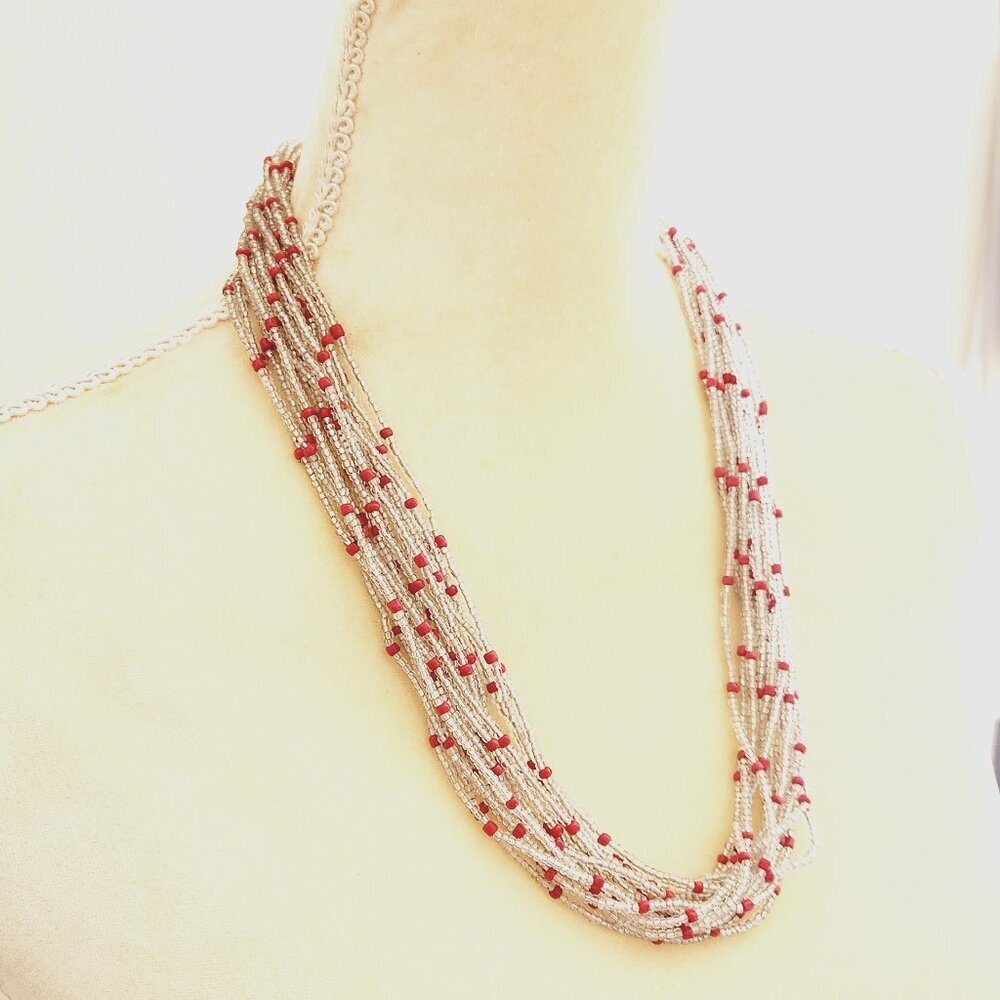 Vintage Ethnic Tribal Clear Red Glass Seed Beaded Multi Layer 15 Strand Necklace